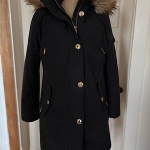 Michael Kors Black Parka Coat with Faux Fur Trim